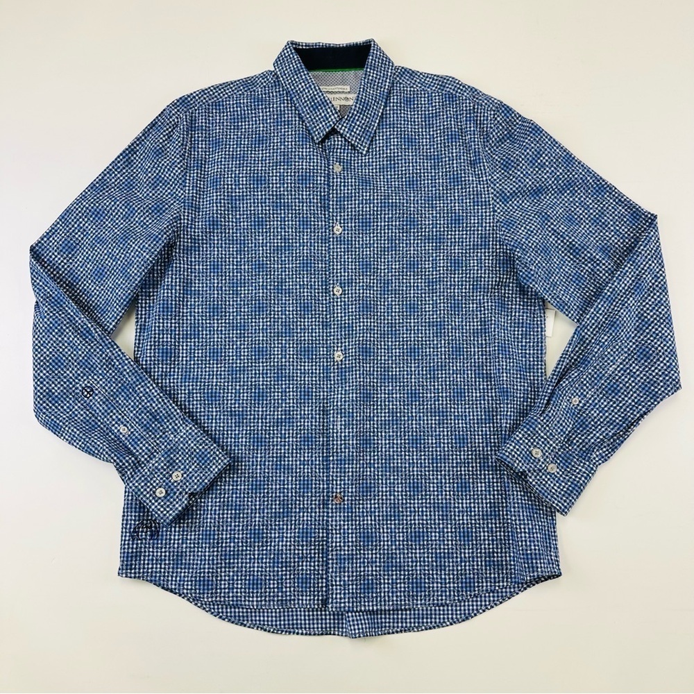 John Lennon blue jacquard check button down stretch cotton mens shirt Large